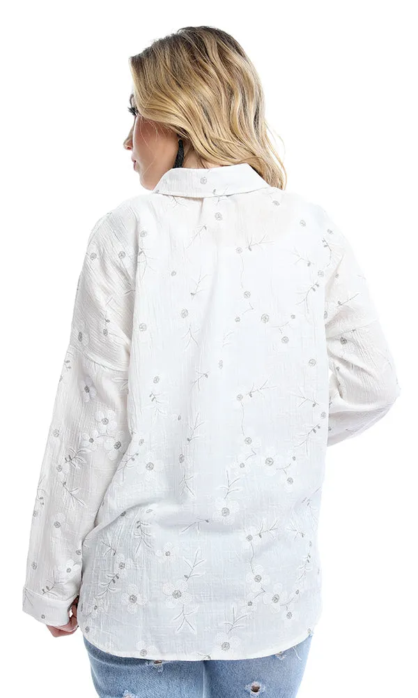 47682 Simple Floral Front Bow Tie Long Sleeves White Shirt
