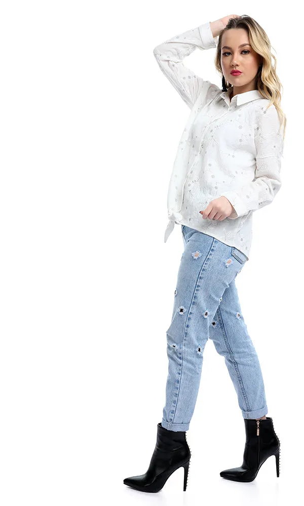 47682 Simple Floral Front Bow Tie Long Sleeves White Shirt