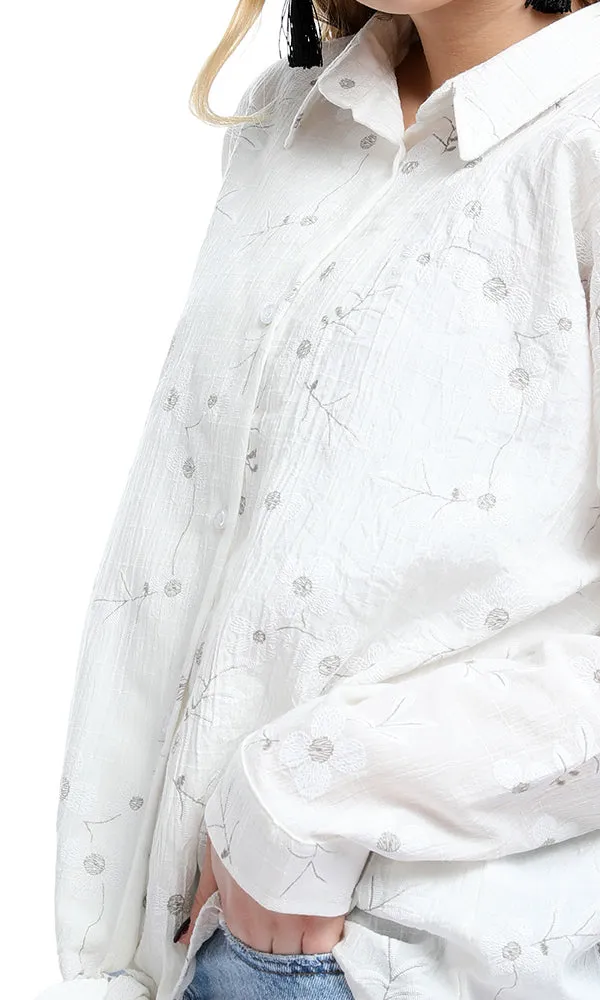 47682 Simple Floral Front Bow Tie Long Sleeves White Shirt