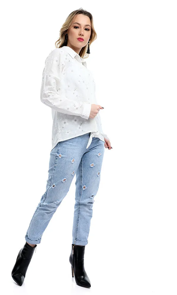 47682 Simple Floral Front Bow Tie Long Sleeves White Shirt