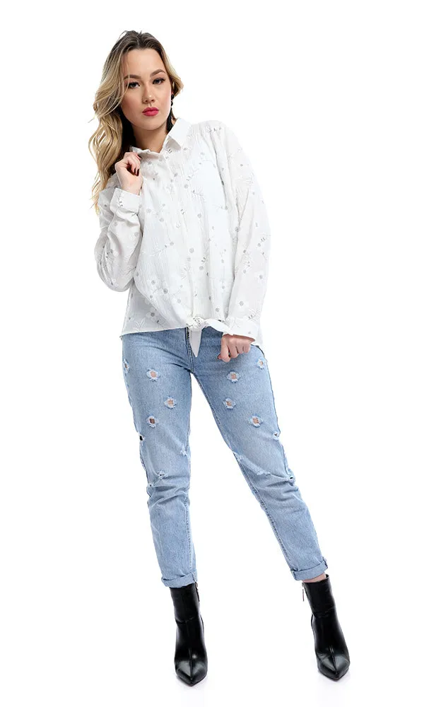 47682 Simple Floral Front Bow Tie Long Sleeves White Shirt