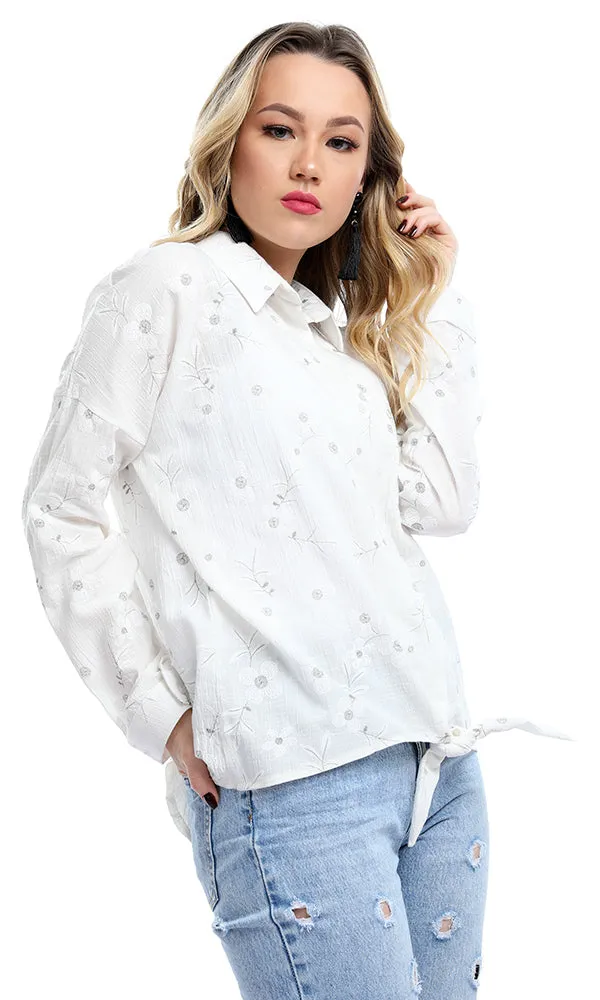 47682 Simple Floral Front Bow Tie Long Sleeves White Shirt