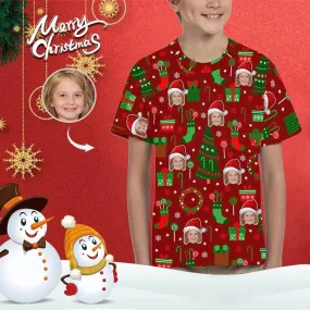 #6-15Y Custom Face Christmas Patterns Red Kid's All Over Print T-shirt