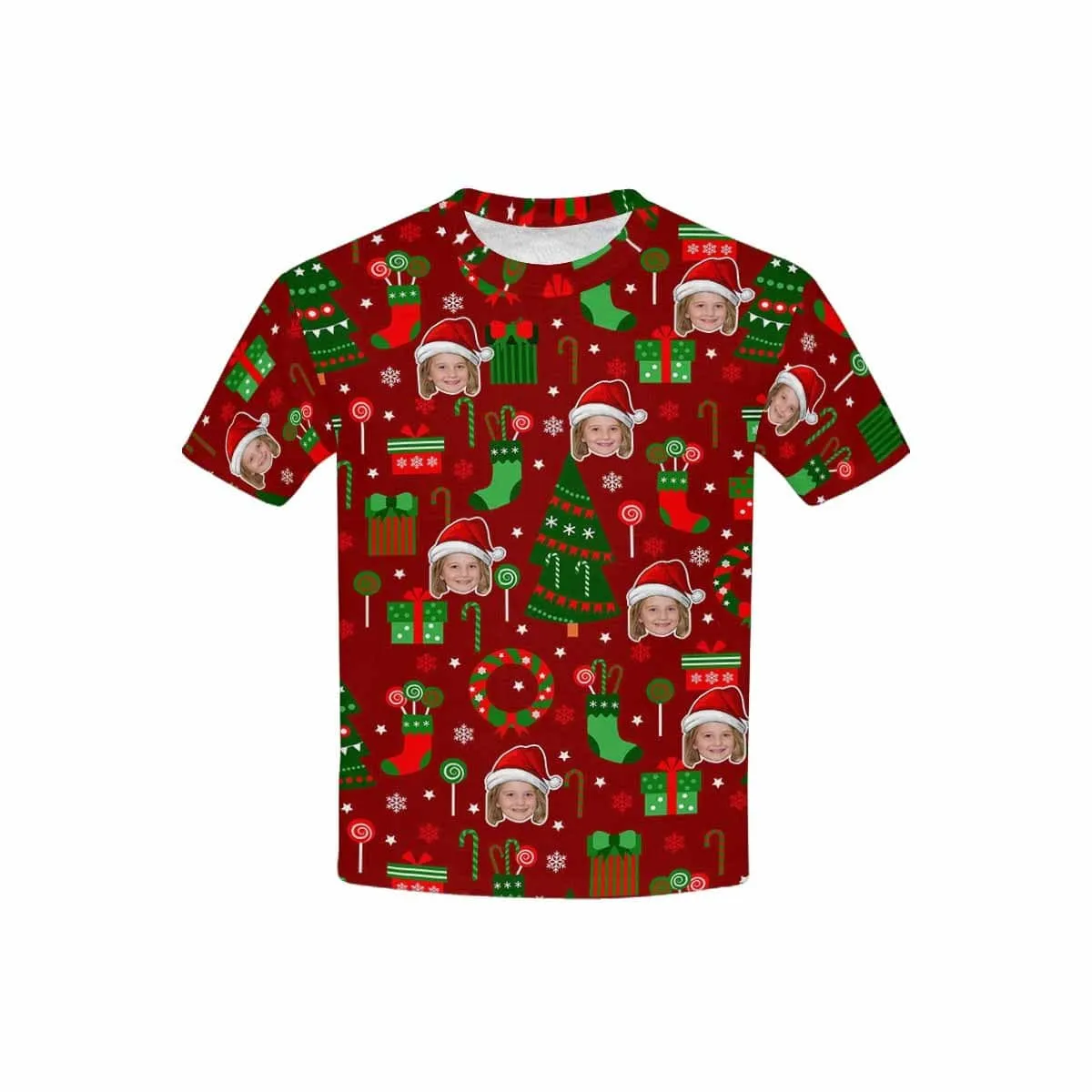 #6-15Y Custom Face Christmas Patterns Red Kid's All Over Print T-shirt