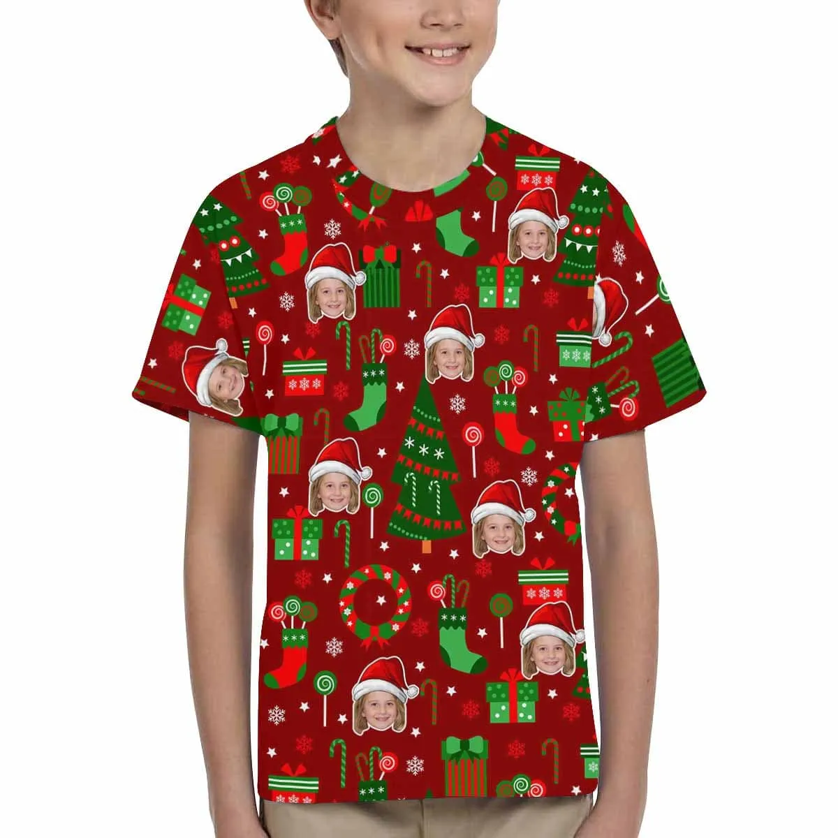 #6-15Y Custom Face Christmas Patterns Red Kid's All Over Print T-shirt
