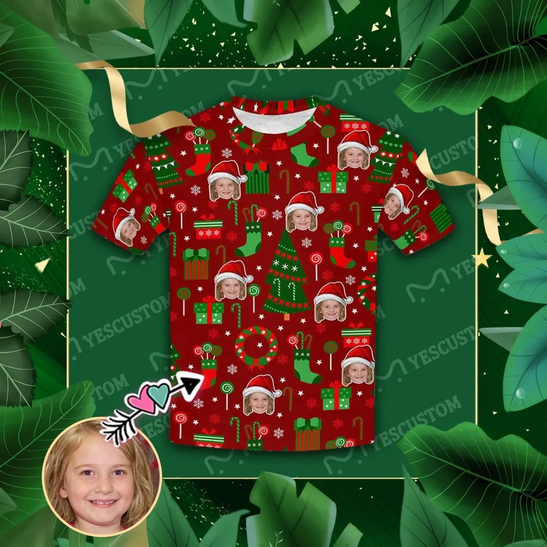 #6-15Y Custom Face Christmas Patterns Red Kid's All Over Print T-shirt