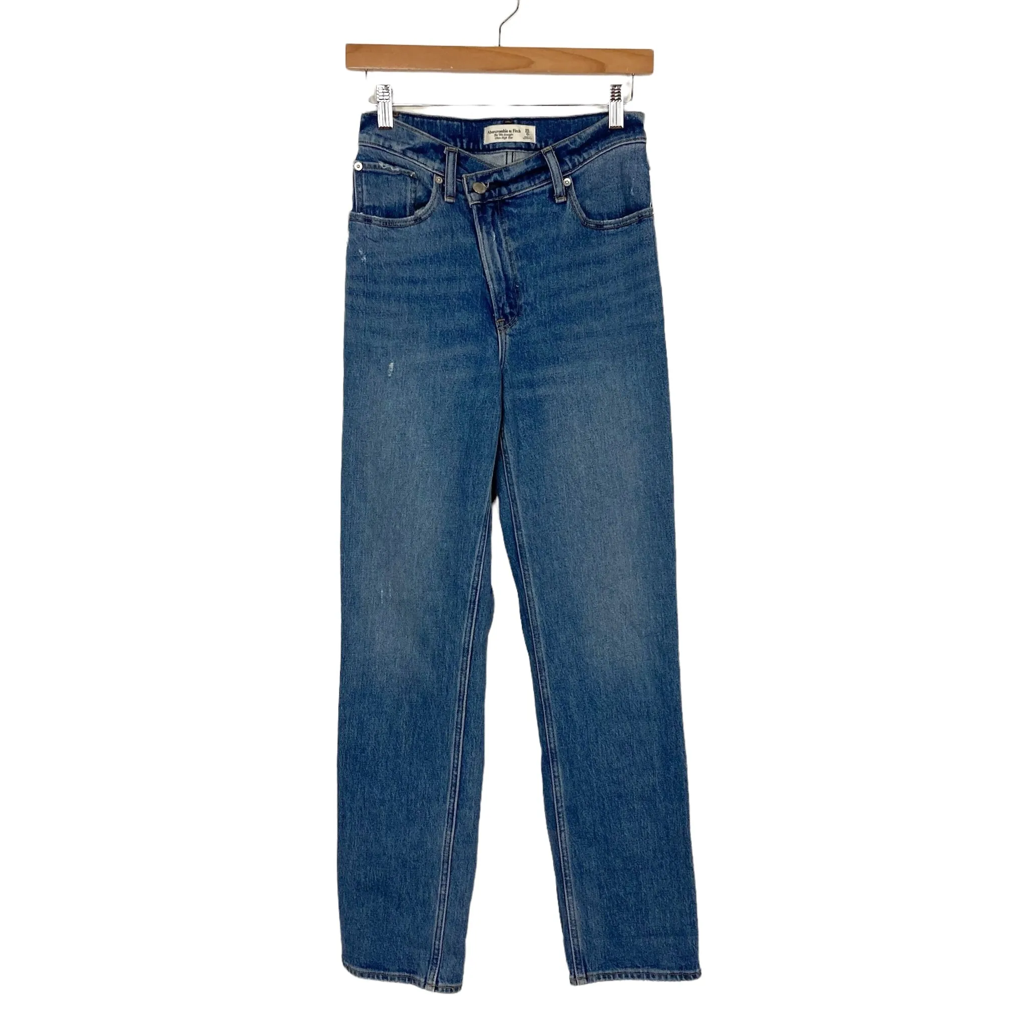 Abercrombie & Fitch Medium Wash Lightly Distressed Ultra High Rise Straight Leg Jeans- Size 25 (30” Inseam)