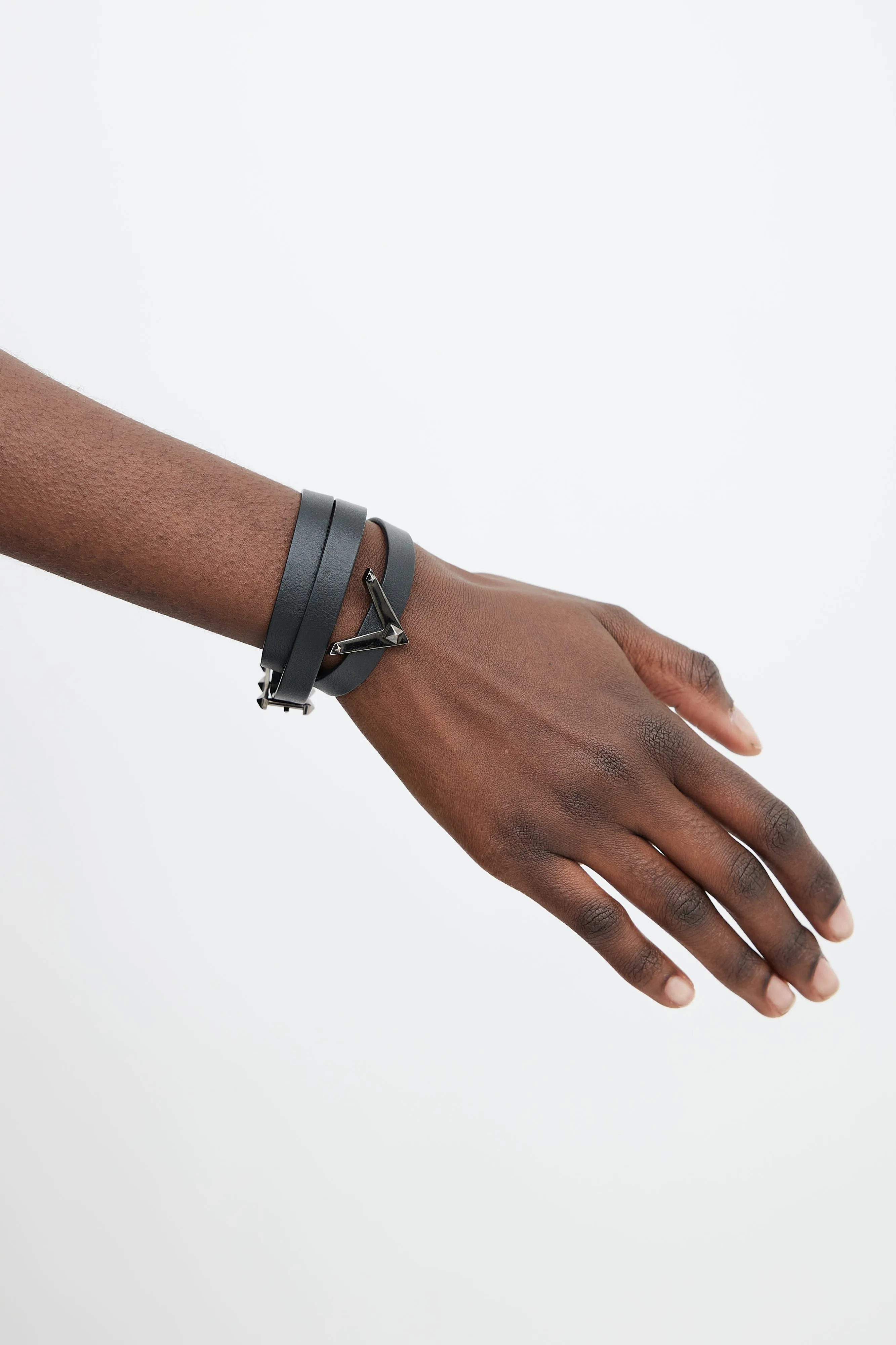 Black Leather V Logo Charm Bracelet