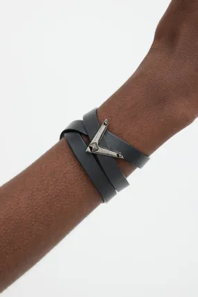 Black Leather V Logo Charm Bracelet