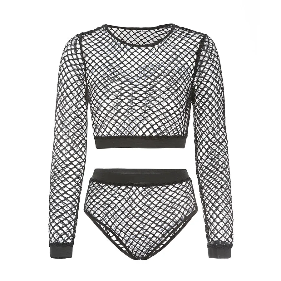 Black Mesh Fishnet Sheer Crop Top&Short Co ord Sets