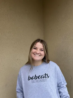 Bobcats With Texas State University Grey Long Sleeved T-Shirt with Black Vinyl Lettering