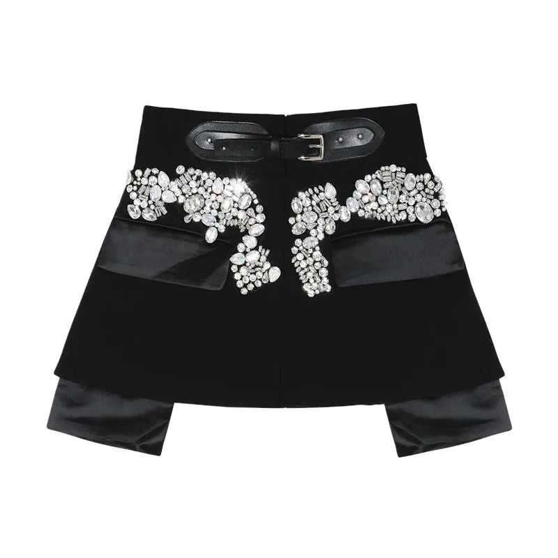 Casual Patchwork Diamond Skirt For Women Irregular Hem High Street Black Mini Skirts Female Fashion Clothing