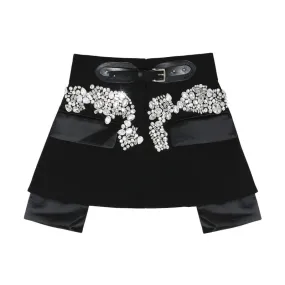 Casual Patchwork Diamond Skirt For Women Irregular Hem High Street Black Mini Skirts Female Fashion Clothing
