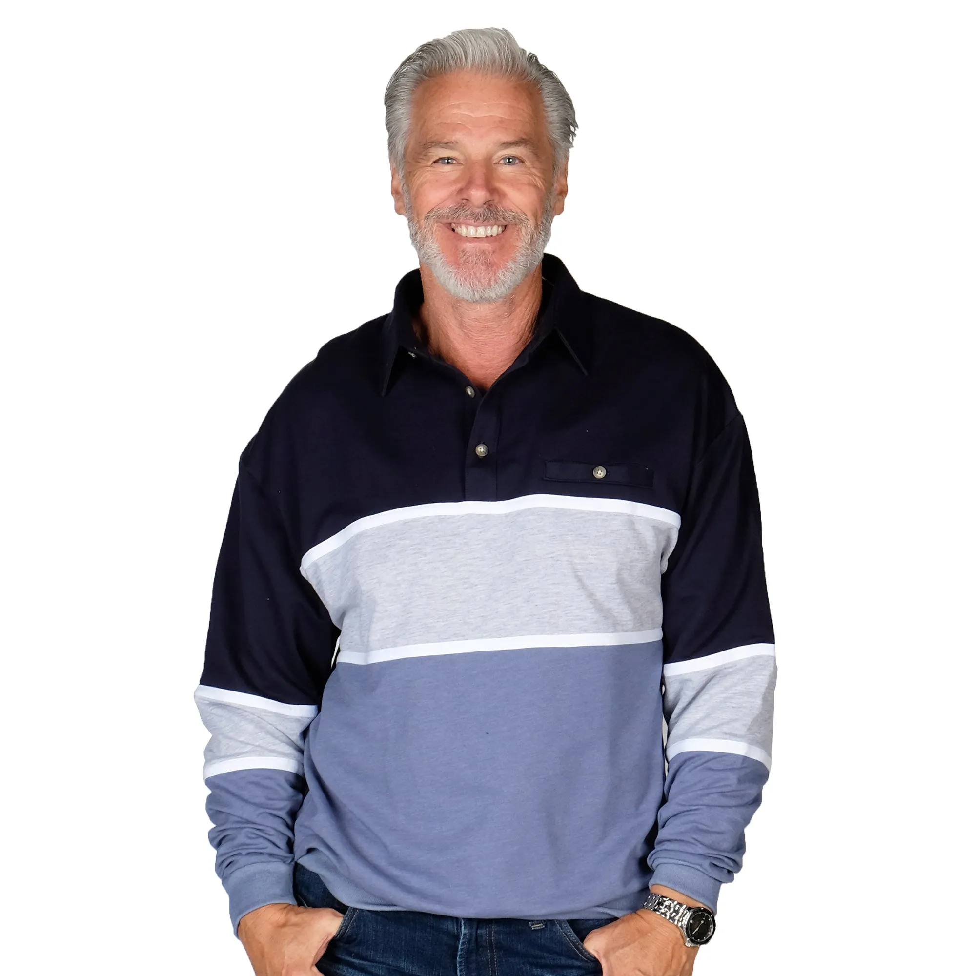Classics by Palmland LS Horizontal Stripes Banded Bottom Shirt 6094-728 Navy