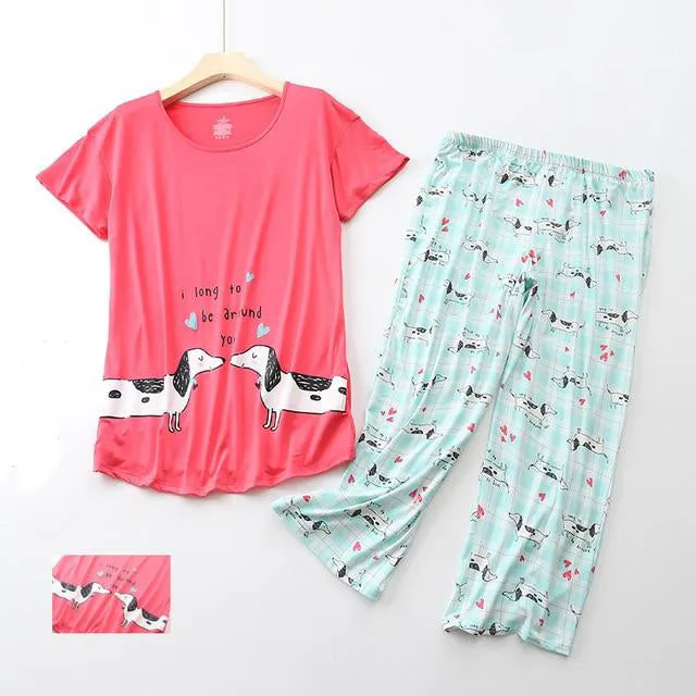 Cute Dachshund Printed Summer Pajama Set for Women