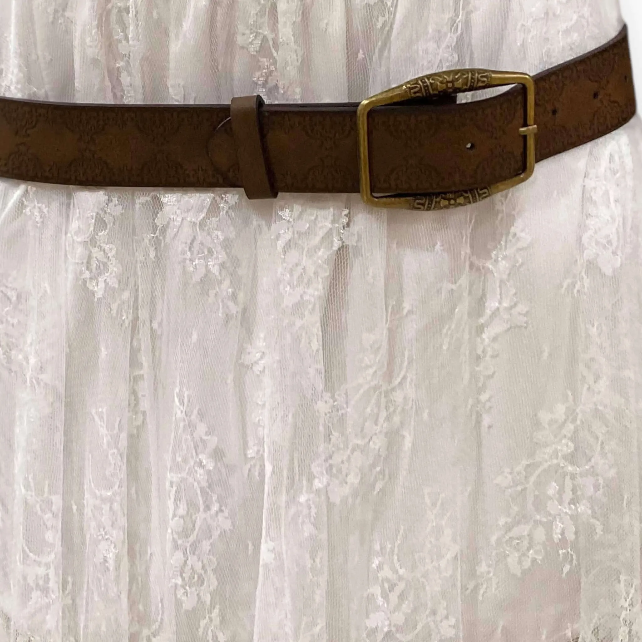 Dark Brown Floral Brass Buckle Waist Belt