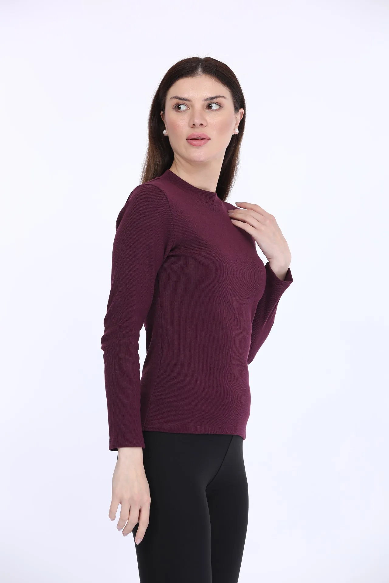 Dark Cherry Ribbed High Neck T-Shirt