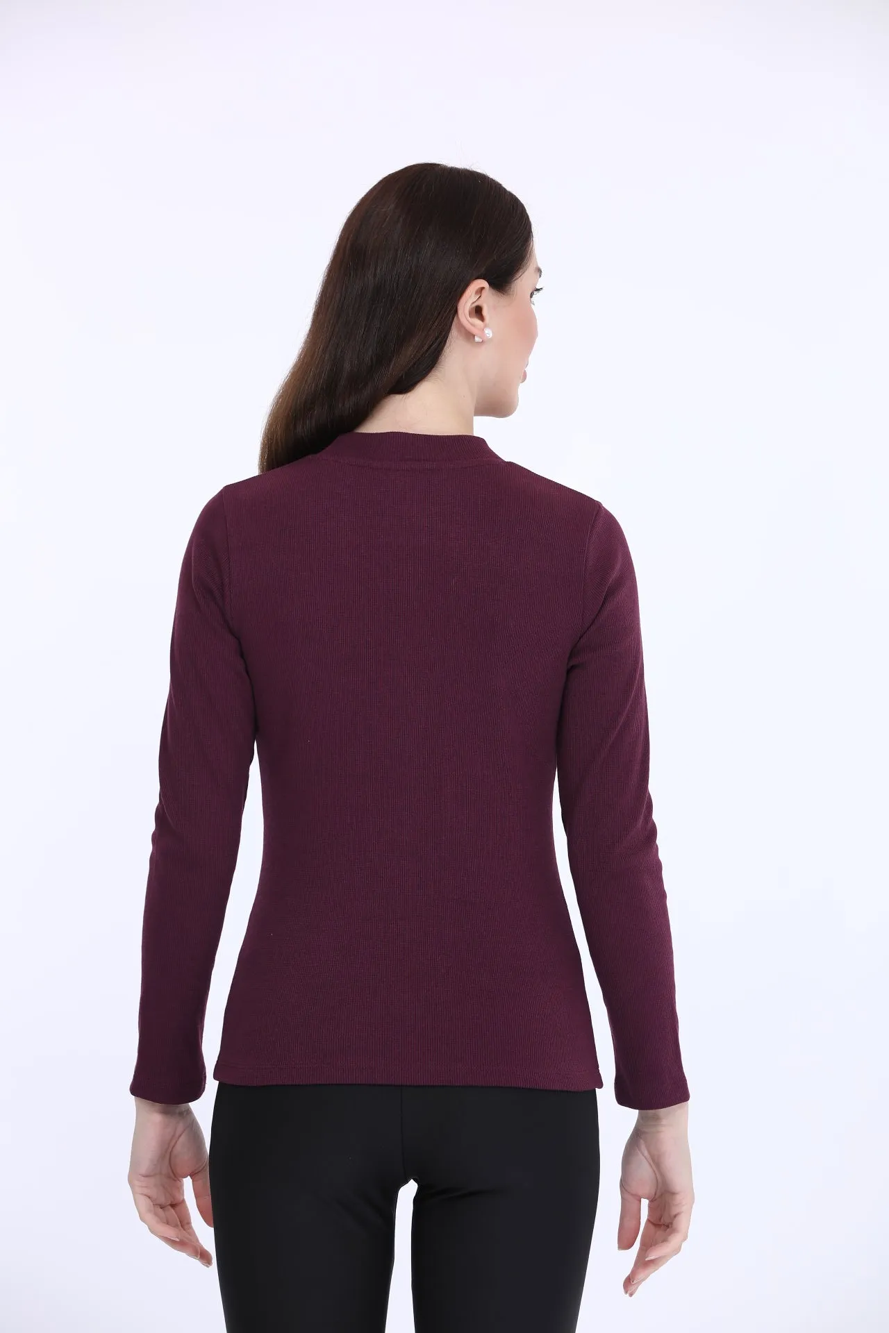 Dark Cherry Ribbed High Neck T-Shirt