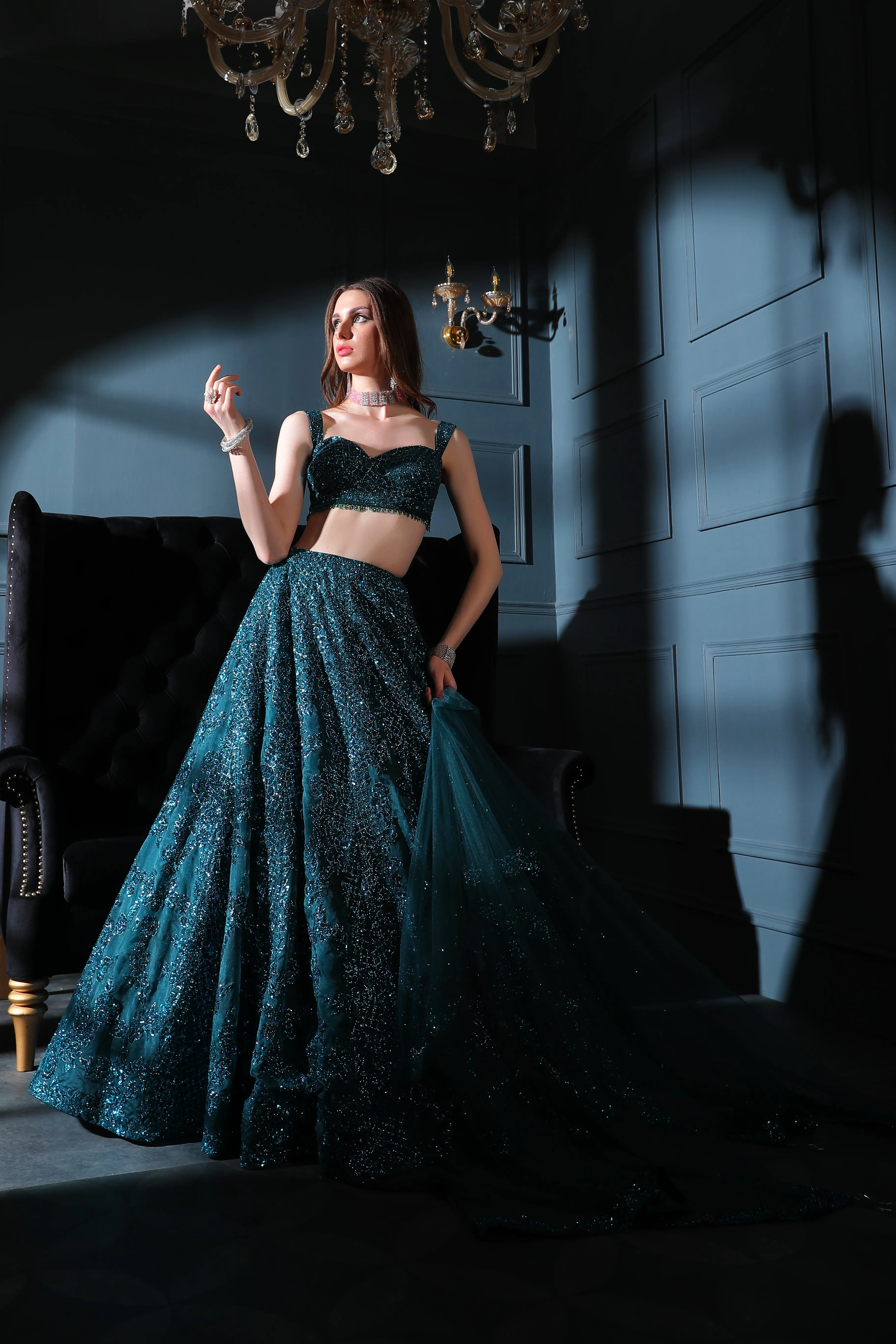 Dark Teal embroidered top and skirt