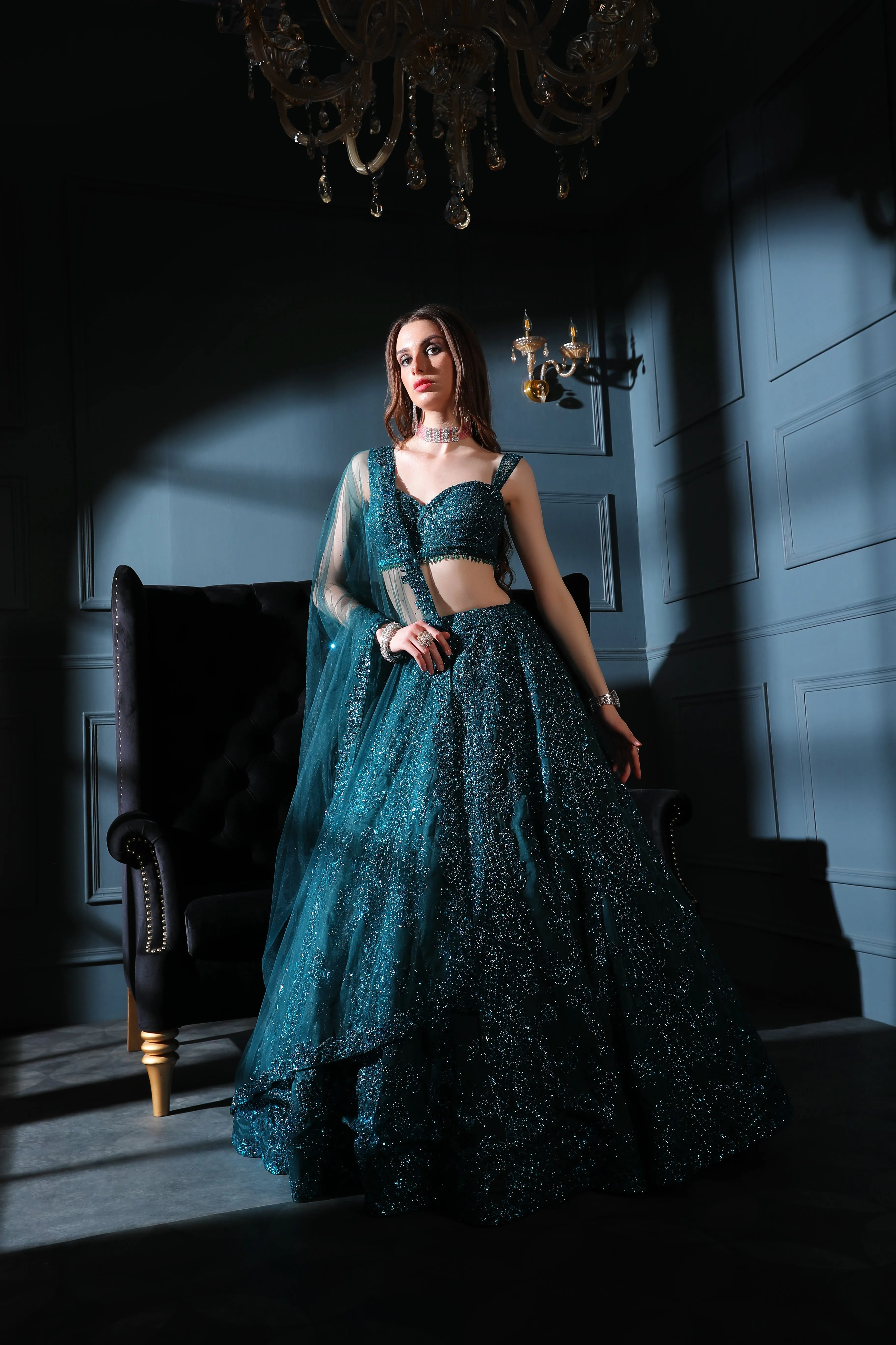 Dark Teal embroidered top and skirt