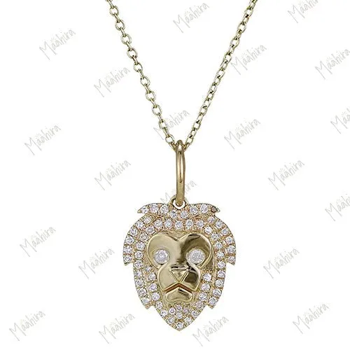 Diamond Lion Face Pendant Necklace 13.50x12.00