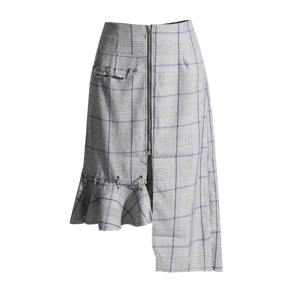 Elegant A Line Hit Color Skirts For Women High Waist Irregular Hem Patchwork Zipper Loose Skirt Female Fashion