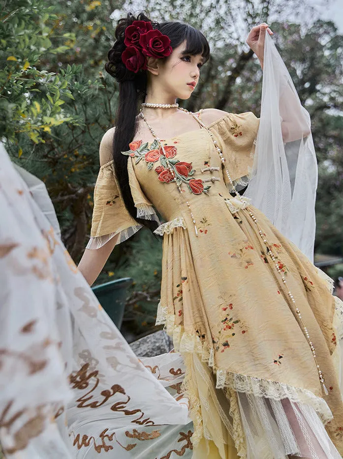 Elegant Straps Square Collar Rose Off-the-shoulder Dress Irregular