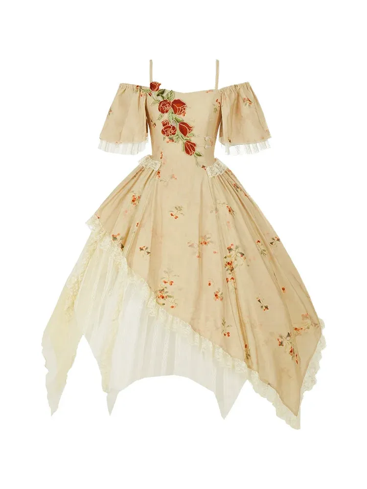 Elegant Straps Square Collar Rose Off-the-shoulder Dress Irregular