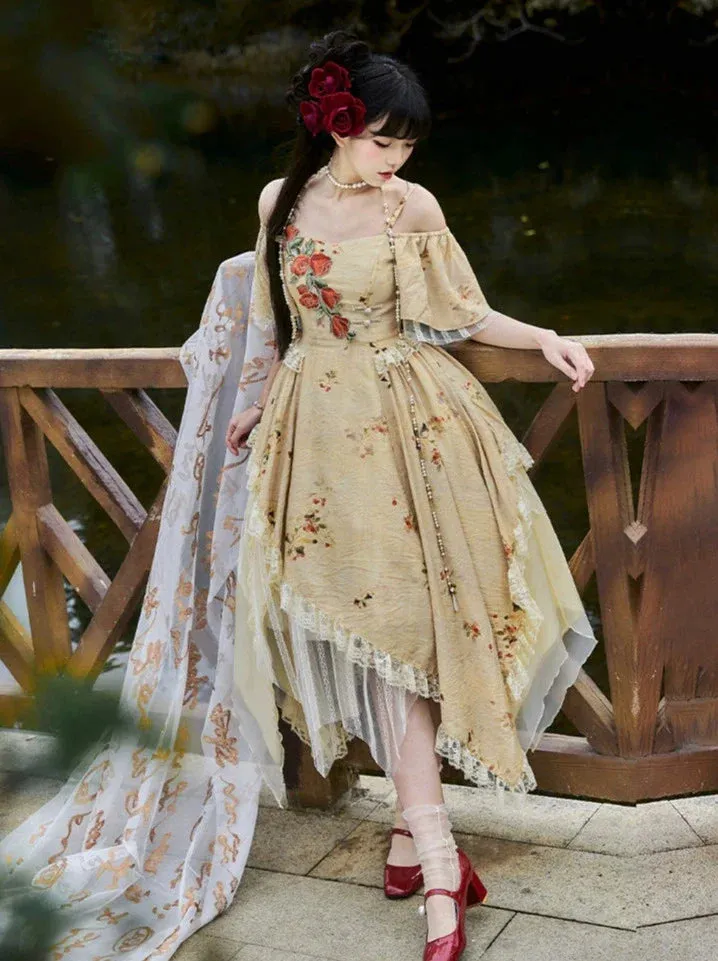 Elegant Straps Square Collar Rose Off-the-shoulder Dress Irregular