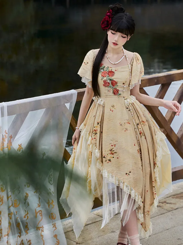 Elegant Straps Square Collar Rose Off-the-shoulder Dress Irregular