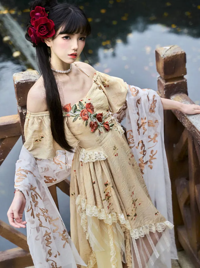 Elegant Straps Square Collar Rose Off-the-shoulder Dress Irregular