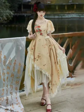 Elegant Straps Square Collar Rose Off-the-shoulder Dress Irregular