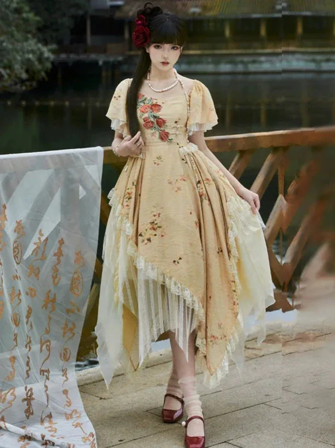 Elegant Straps Square Collar Rose Off-the-shoulder Dress Irregular