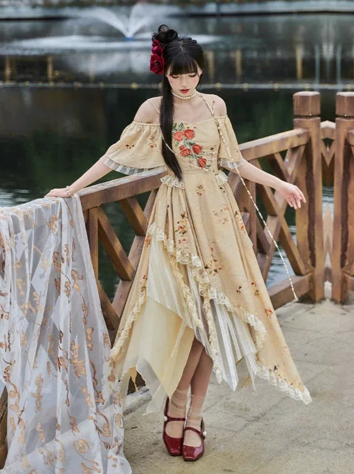 Elegant Straps Square Collar Rose Off-the-shoulder Dress Irregular