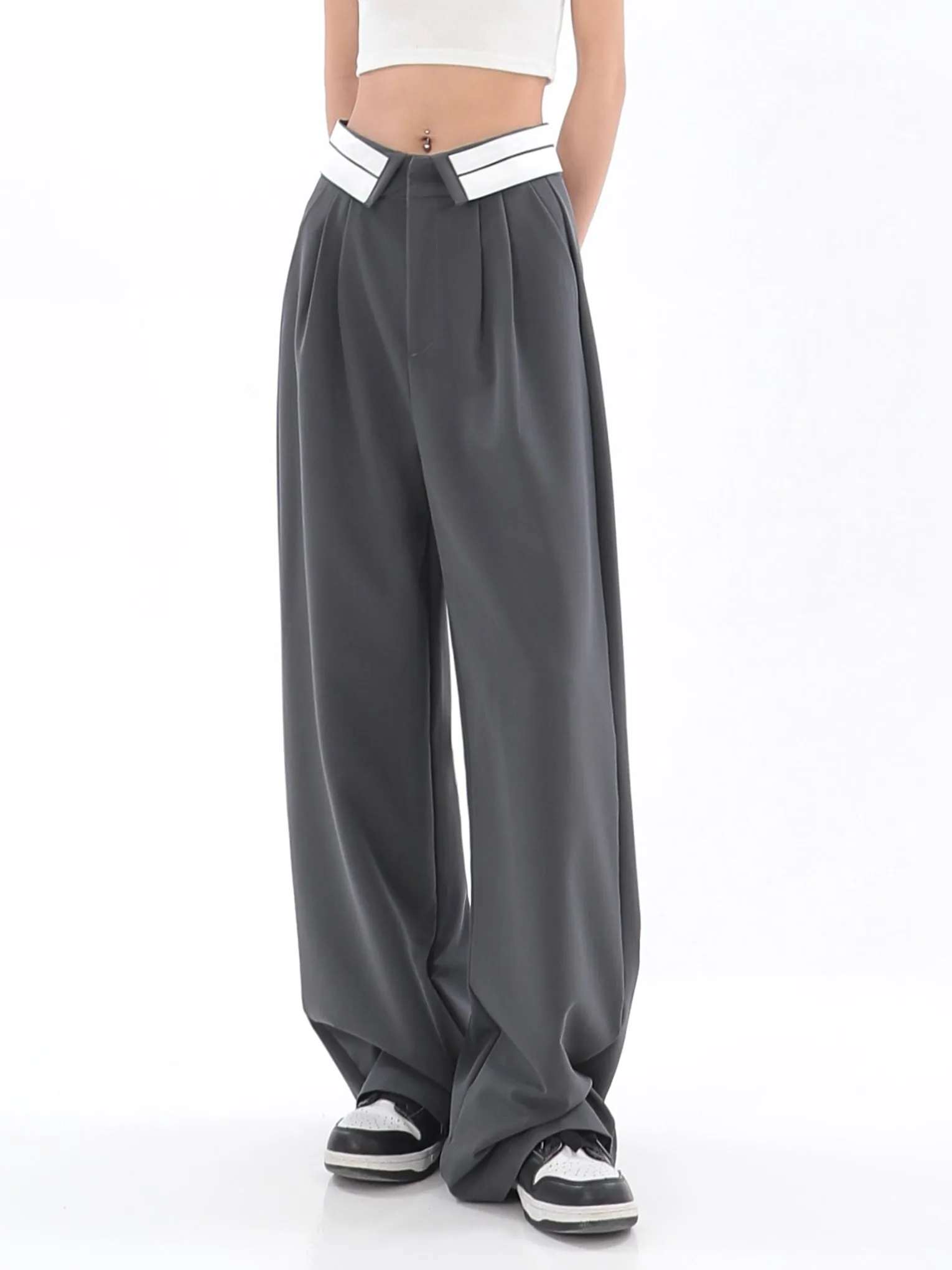 Fold-Over Waist Straight Pants