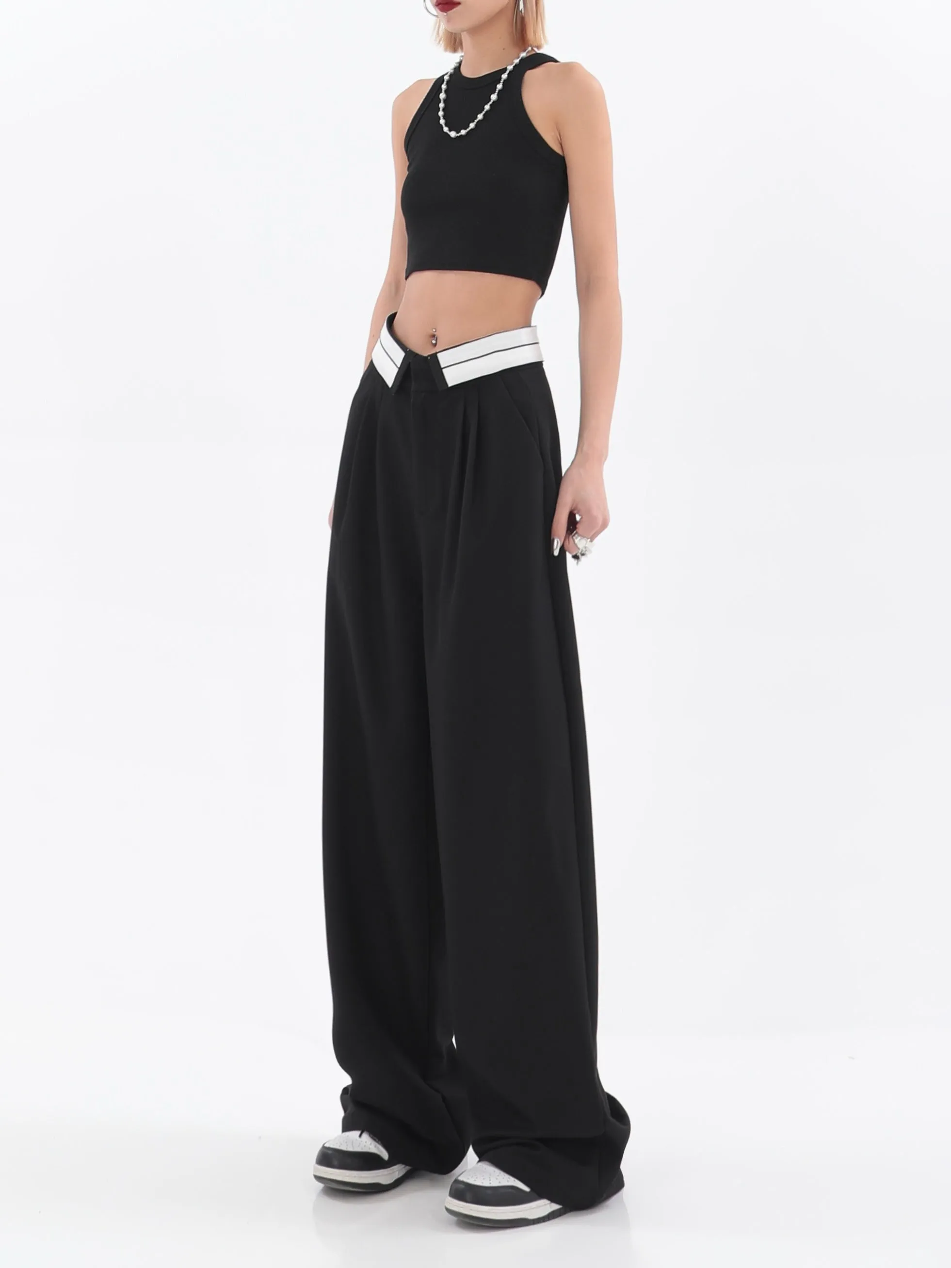 Fold-Over Waist Straight Pants