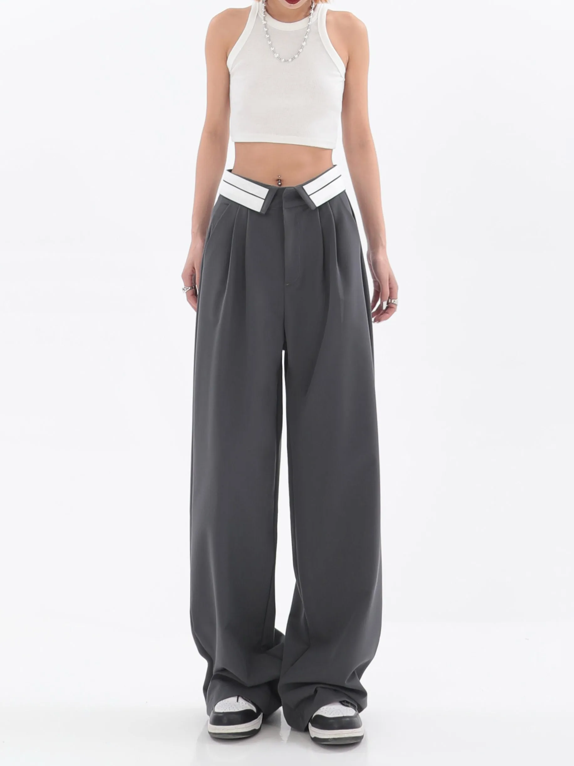 Fold-Over Waist Straight Pants
