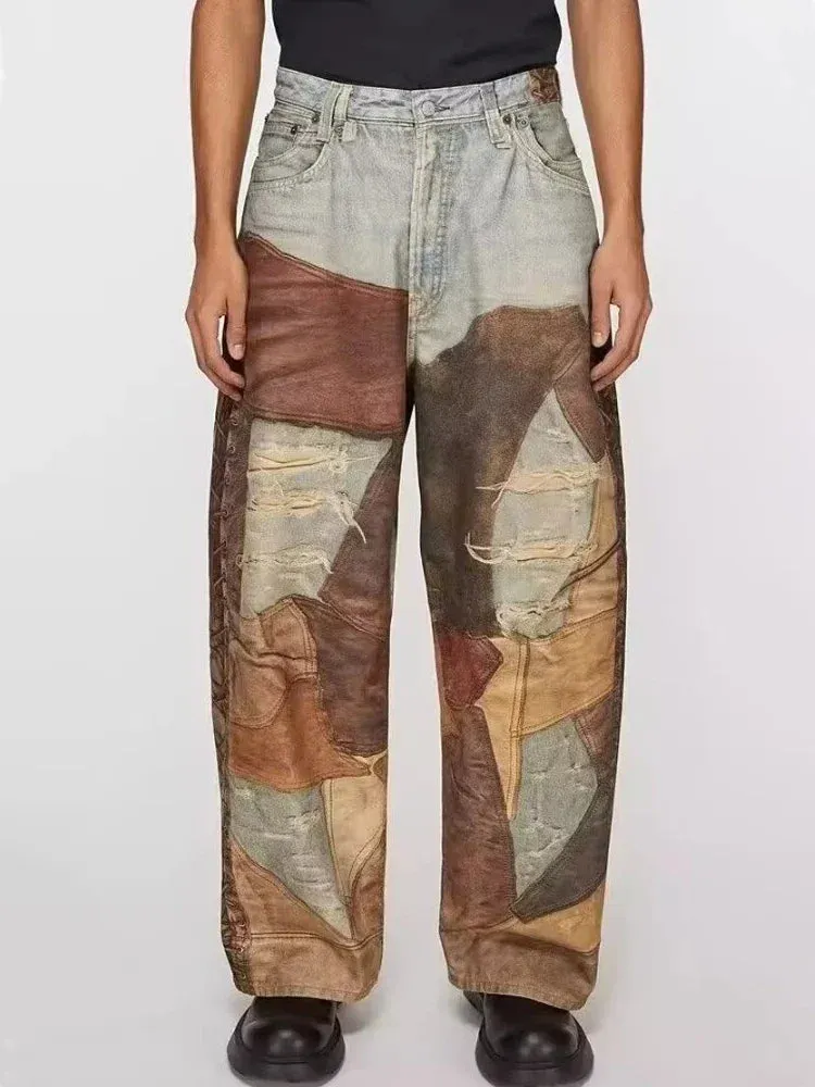 Herbst Retro 3D-gedruckte Patchwork Baggy Jeans