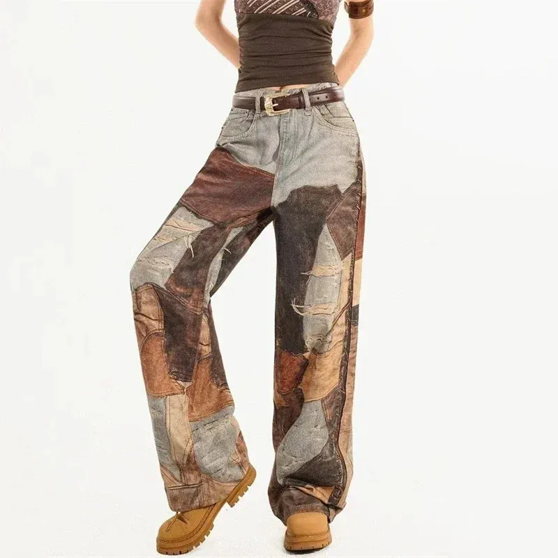 Herbst Retro 3D-gedruckte Patchwork Baggy Jeans