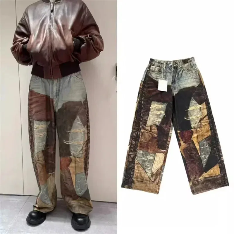 Herbst Retro 3D-gedruckte Patchwork Baggy Jeans