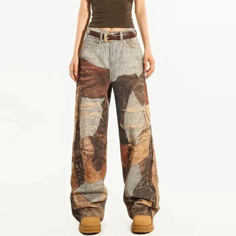 Herbst Retro 3D-gedruckte Patchwork Baggy Jeans