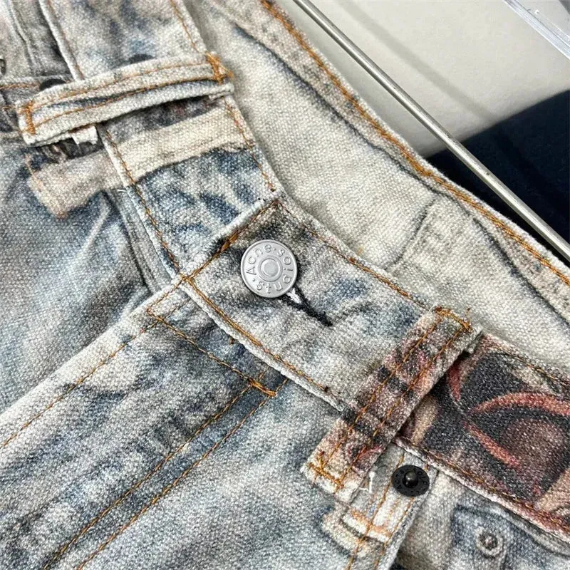 Herbst Retro 3D-gedruckte Patchwork Baggy Jeans