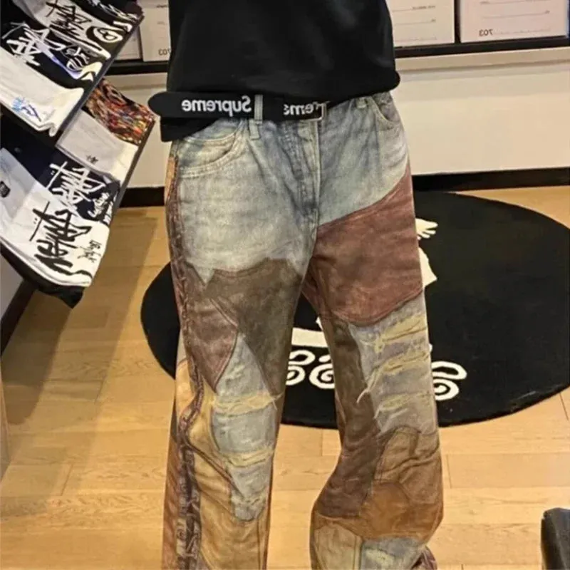 Herbst Retro 3D-gedruckte Patchwork Baggy Jeans