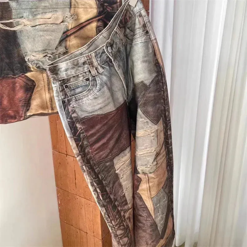 Herbst Retro 3D-gedruckte Patchwork Baggy Jeans