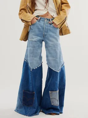 Hoch Y2k taillierte Patchwork Denim-Jeans Weit geschnitten