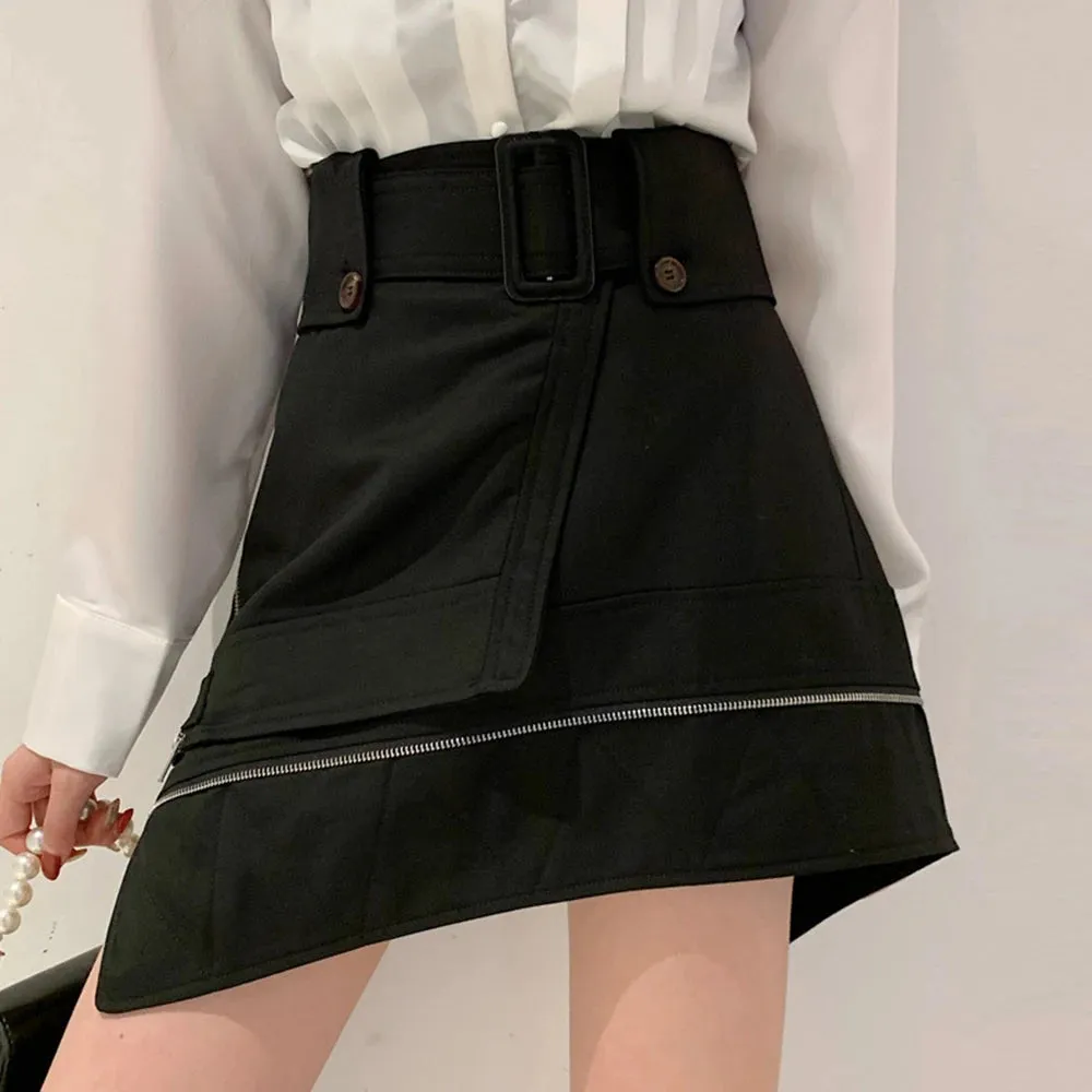 Irregular Hem Solid Skirts For Women High Waist Patchwork Zipper Button Loose Skirt Female Summer Fashion