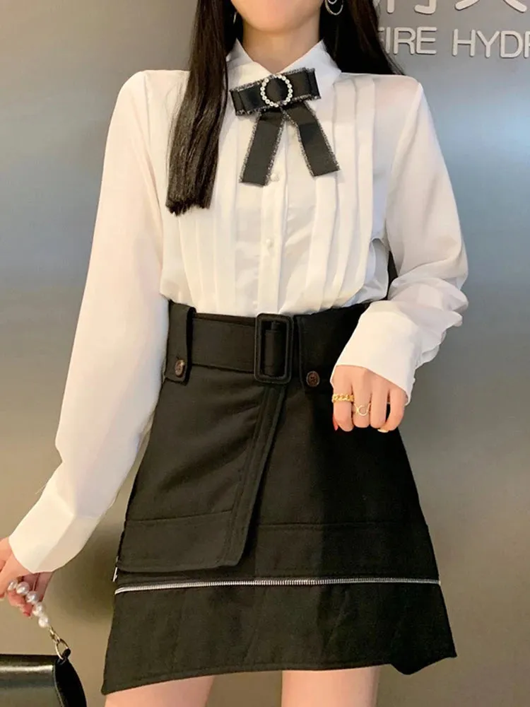 Irregular Hem Solid Skirts For Women High Waist Patchwork Zipper Button Loose Skirt Female Summer Fashion