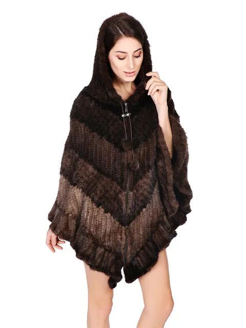 Knitted mink poncho with hood & zipper