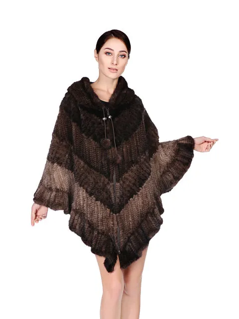 Knitted mink poncho with hood & zipper