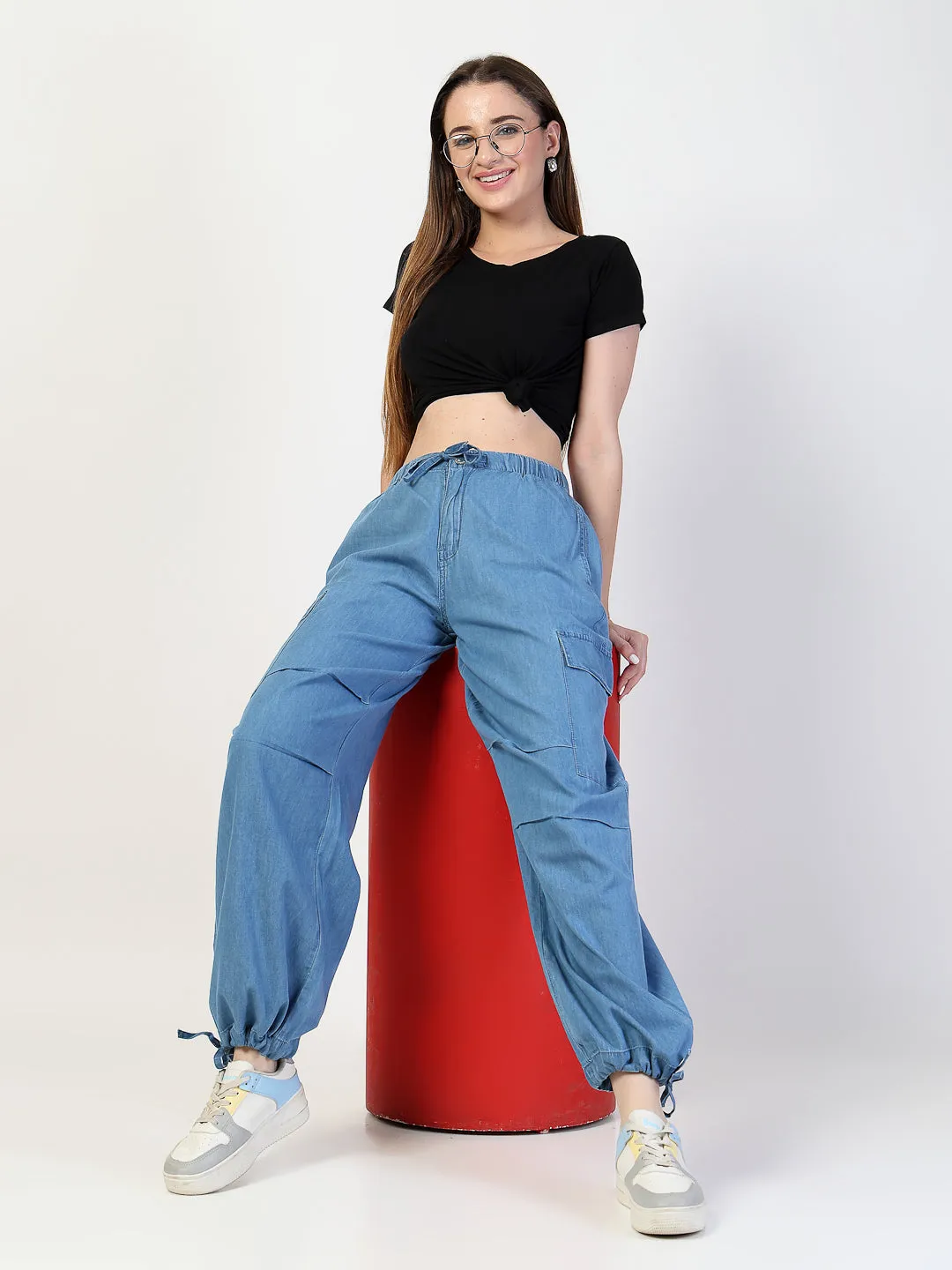 Light Blue Cargo Jeans With Elastcated Waistband
